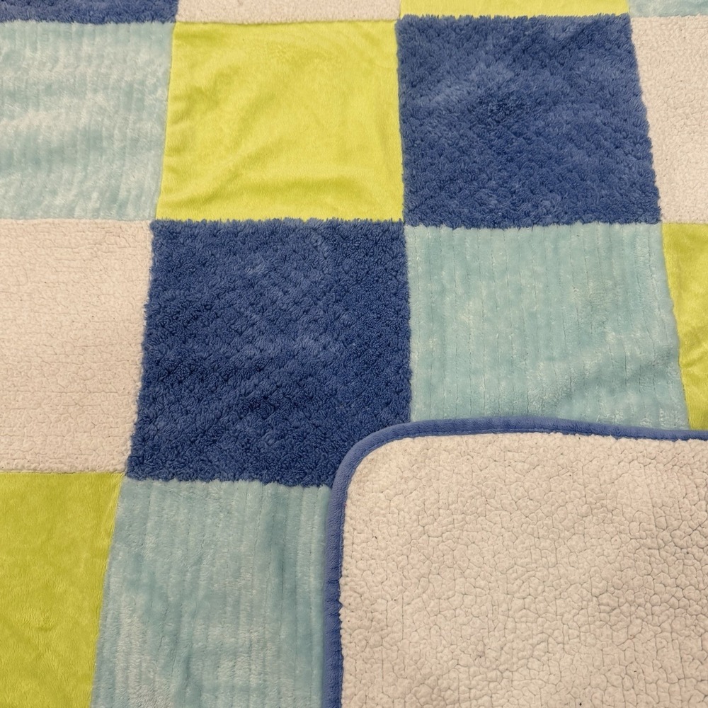 Parent's Choice Baby Blanket Blue Green Patchwork Sherpa Plush 30x39